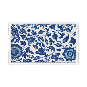 Blue Chinese Ornamental Floral Acrylic Tray