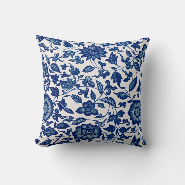 Blue Chinese Ornamental Floral Throw Pillow (Front)