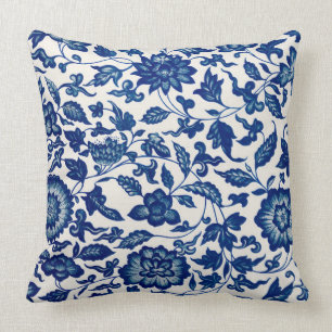 Blue Chinese Ornamental Floral Throw Pillow