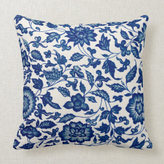 Blue Chinese Ornamental Floral Throw Pillow