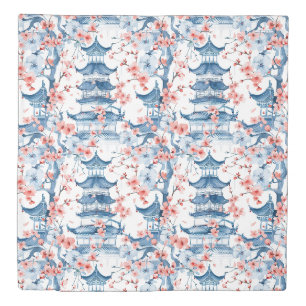 Blue Chinese Pagoda Cherry Blossom Pattern Duvet Cover