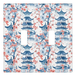 Blue Chinese Pagoda Cherry Blossom Pattern Light Switch Cover