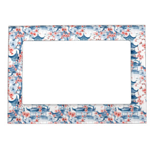 Blue Chinese Pagoda Cherry Blossom Pattern Magnetic Frame