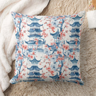 Blue Chinese Pagoda Cherry Blossom Pattern Throw Pillow
