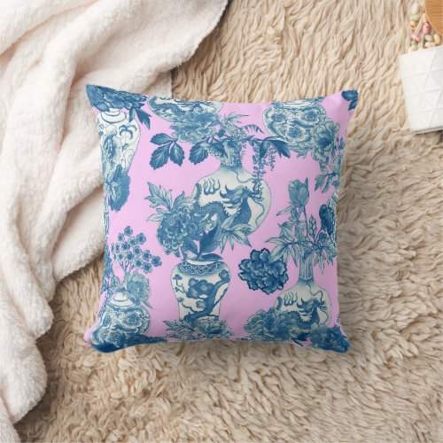 Blue Chinese Vases and Floral Bouquet Watercolor  Throw Pillow