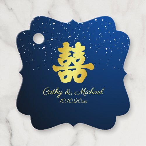 Blue Chinese wedding snowflake double happiness Favor Tags