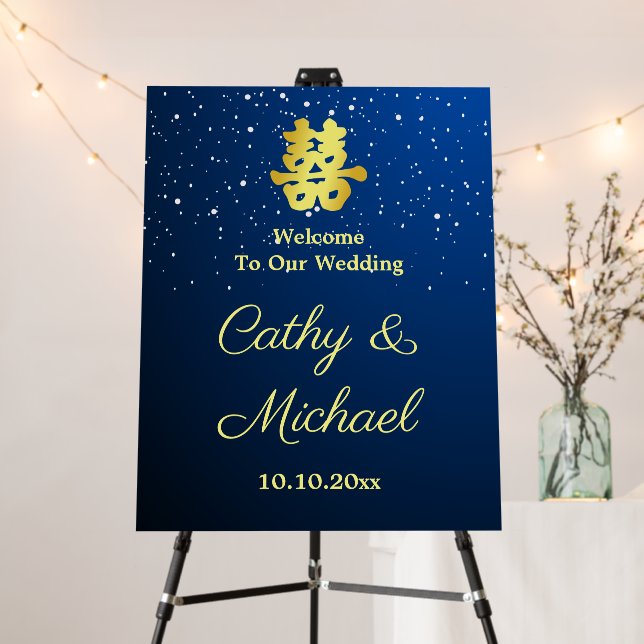 Blue Chinese wedding starry night welcome sign (In Situ (Stand))