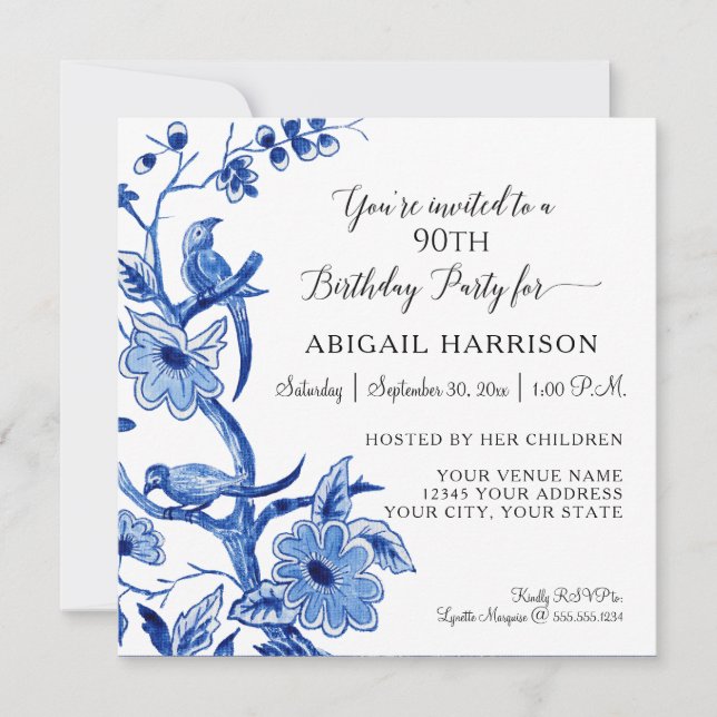 Blue Chinoiserie Asian China Floral Birthday Party Invitation (Front)