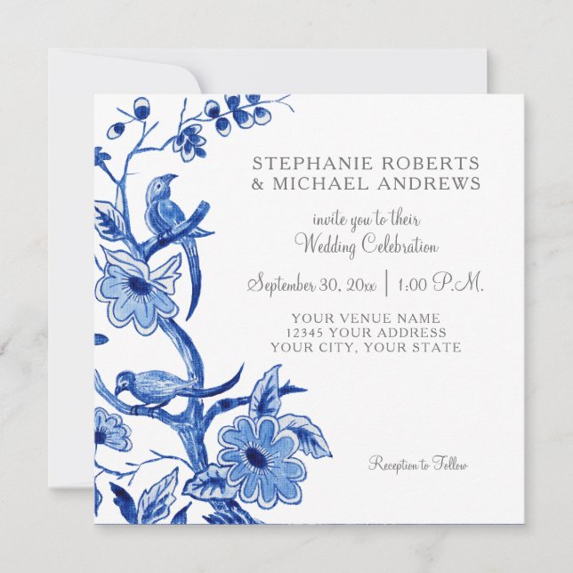 Blue Chinoiserie Asian China Floral Watercolor Invitation (Front)
