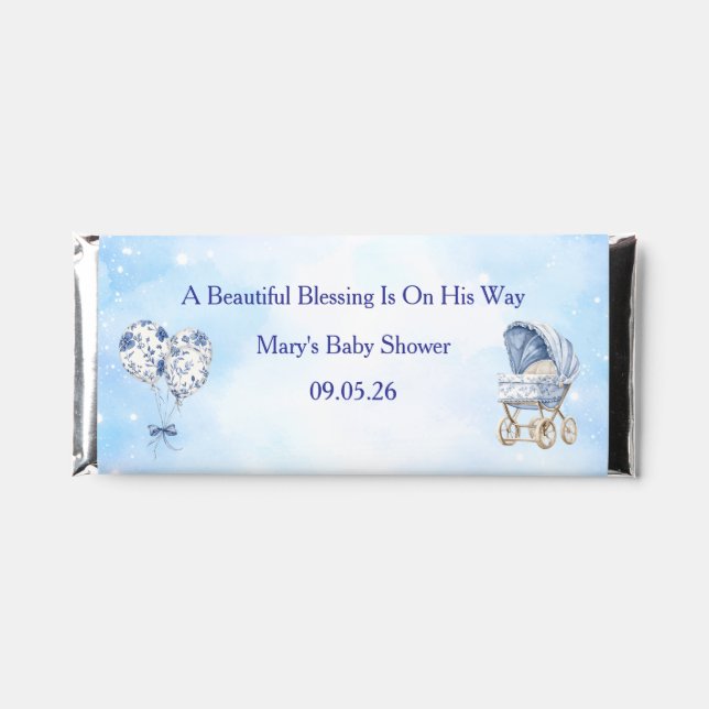 Blue Chinoiserie Baby Shower Hershey's wrapping (Front)