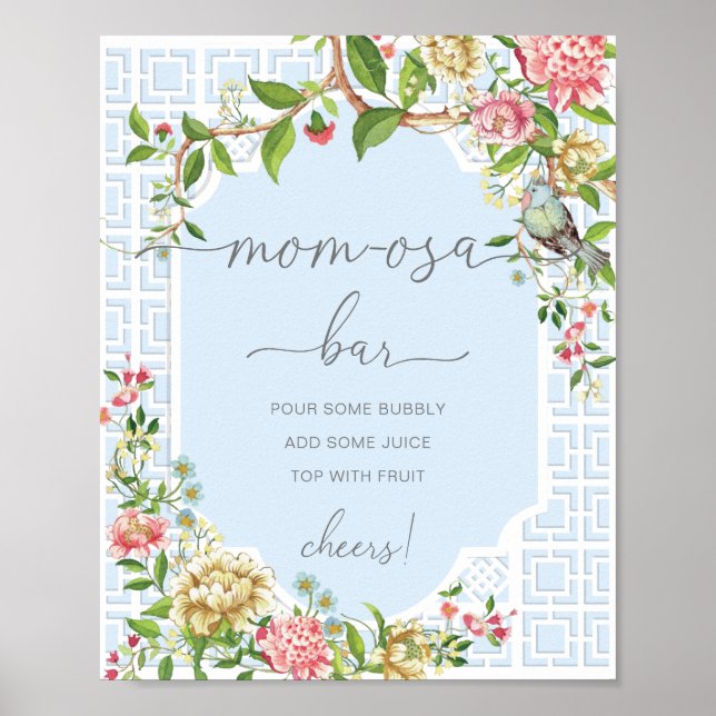 Blue Chinoiserie Baby Shower Mom-osa Bar Sign (Front)