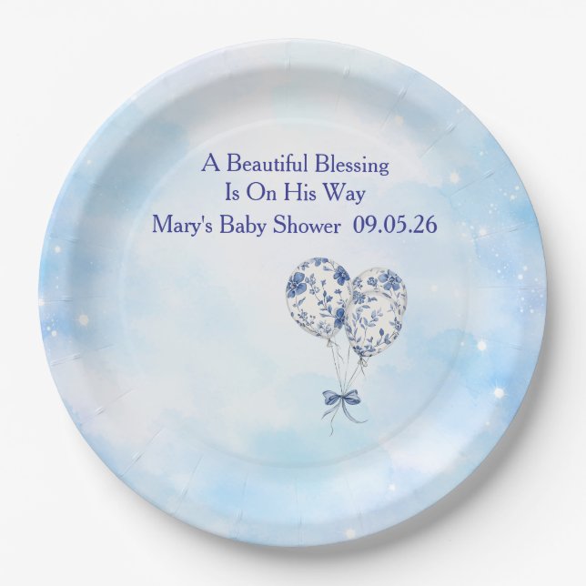 Blue Chinoiserie Baby Shower Tableware Set Paper Plates (Front)