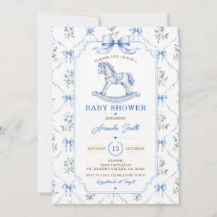 Blue Chinoiserie Baby Shower toile rocking horse Invitation