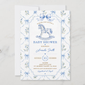Blue Chinoiserie Baby Shower toile rocking horse Invitation