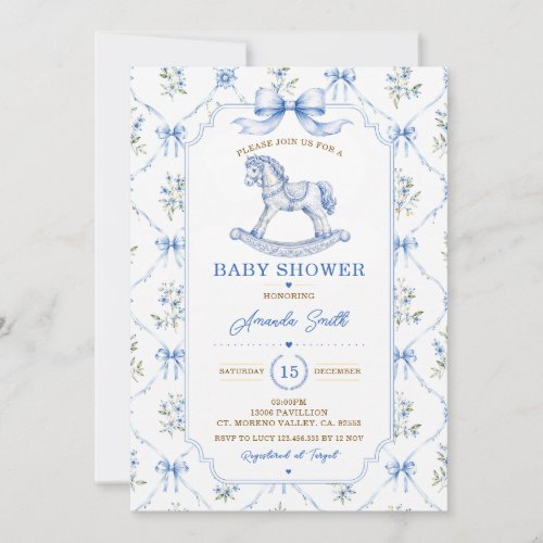Blue Chinoiserie Baby Shower toile rocking horse Invitation