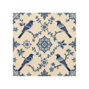 Blue Chinoiserie Bird Floral Pattern Wood Wall Art