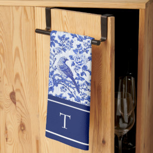 Blue Chinoiserie Bird Monogram Floral Kitchen Towel