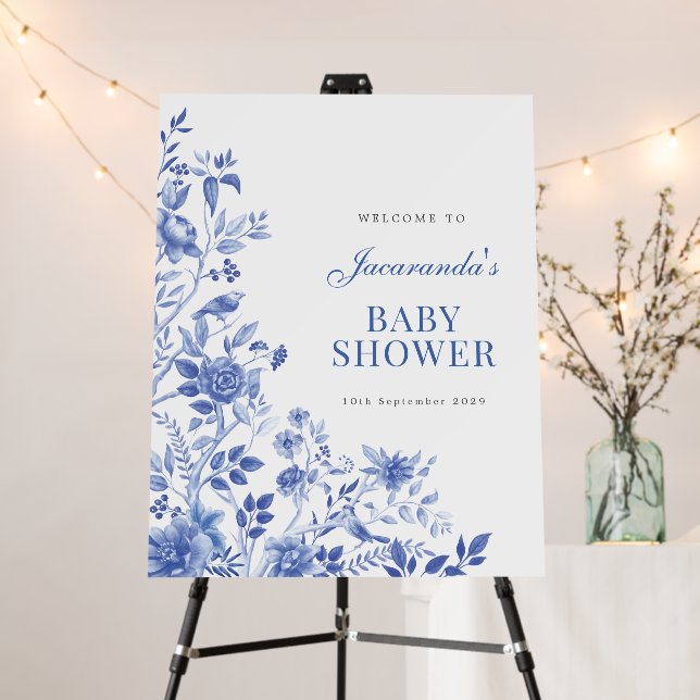 Blue Chinoiserie Birds Flowers Baby Shower Welcome Foam Board (In Situ (Stand))