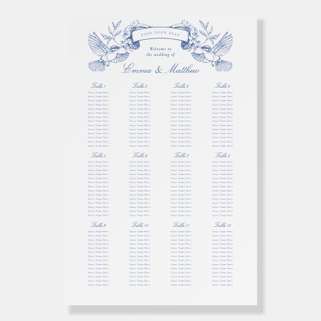 Blue Chinoiserie Birds & Flowers Seating Plan Foam Board (Front)