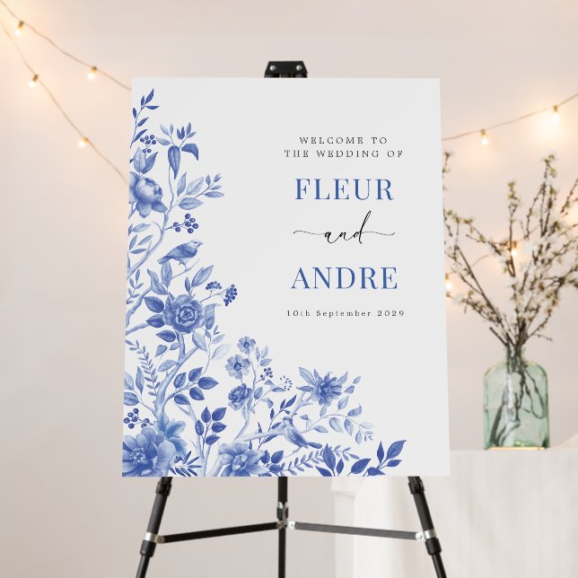 Blue Chinoiserie Birds & Peony Wedding Welcome Foam Board (In Situ (Stand))