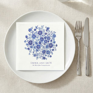 Blue Chinoiserie Bouquet Wedding names and date Napkins