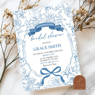 Blue Chinoiserie Bow Floral Bridal Shower Invitation