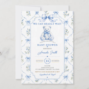 Blue Chinoiserie Boy Baby Shower toile bear Floral Invitation