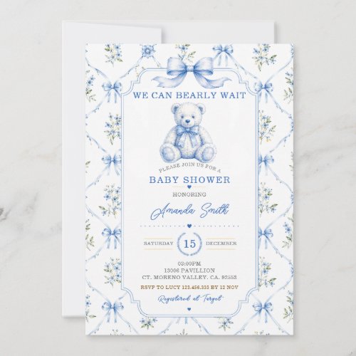 Blue Chinoiserie Boy Baby Shower toile bear Floral Invitation