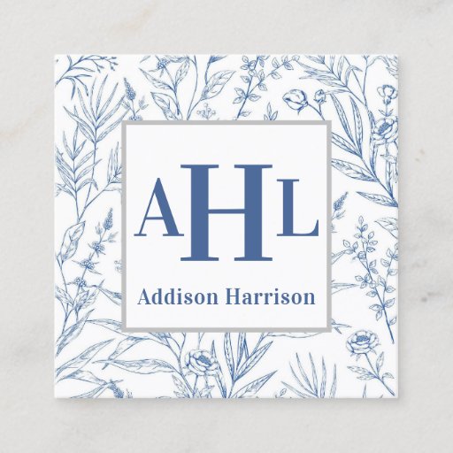 Customizable Blue Chinoiserie calling card, Monogram Enclosure Square Business Card