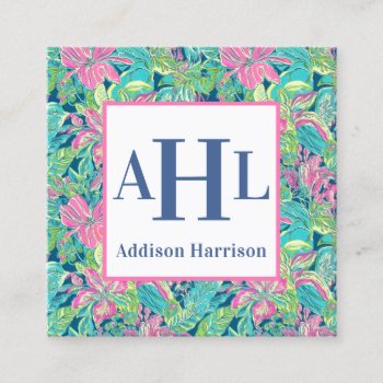Blue Chinoiserie Calling Card  Monogram Enclosure Square Business Card by MakinMemoriesonPaper at Zazzle