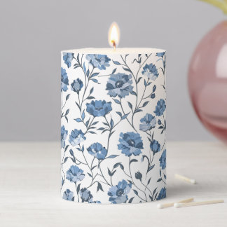Blue Chinoiserie Carnation Seamless Pattern Pillar Candle