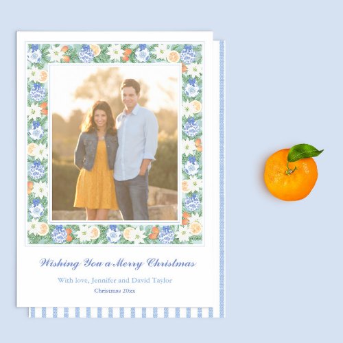 Blue Chinoiserie Chic Citrus Merry Christmas Photo Holiday Card