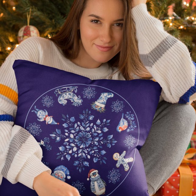 Blue Chinoiserie Christmas Decor Throw Pillow (Creator Uploaded)