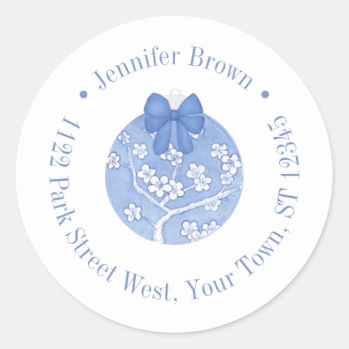 Blue Chinoiserie Christmas Ornament Return Address Classic Round Sticker