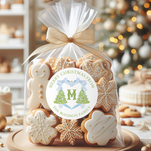 Blue Chinoiserie Christmas Tree Monogram Crest Classic Round Sticker