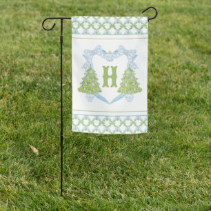 Blue Chinoiserie Christmas Tree Monogram Crest Garden Flag