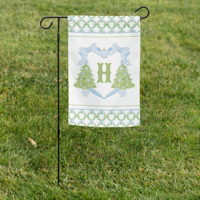 Blue Chinoiserie Christmas Tree Monogram Crest Garden Flag (In SItu)