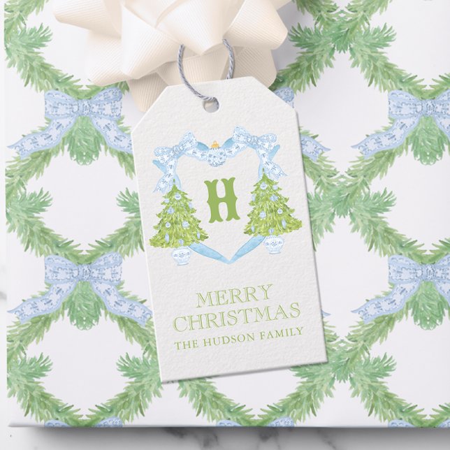 Blue Chinoiserie Christmas Tree Monogram Crest Gift Tags (Creator Uploaded)