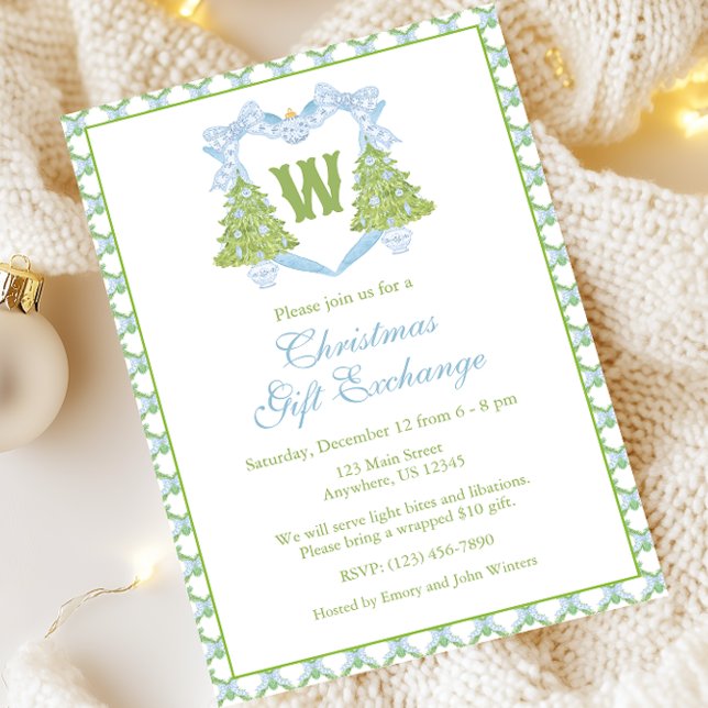 Blue Chinoiserie Christmas Tree Monogram Crest Invitation (Creator Uploaded)