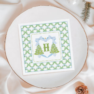 Blue Chinoiserie Christmas Tree Monogram Crest Napkins