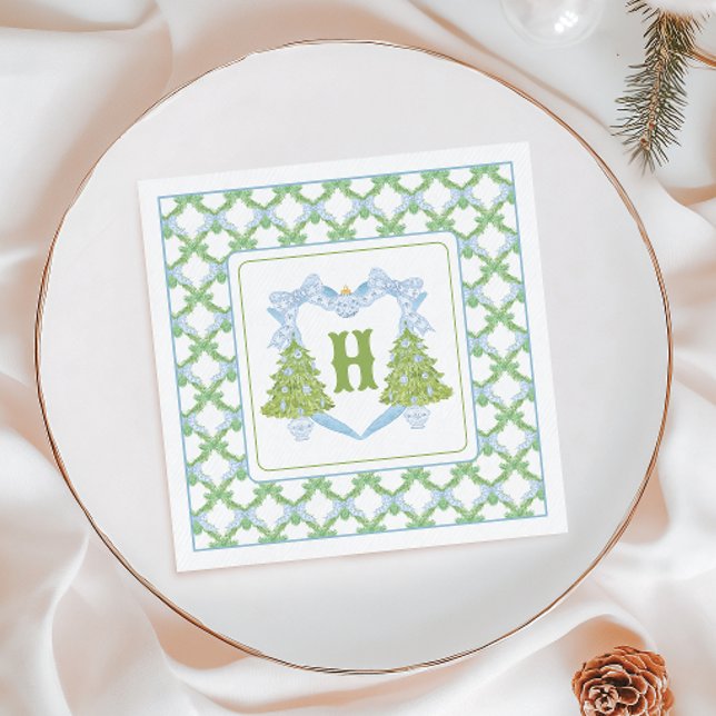 Blue Chinoiserie Christmas Tree Monogram Crest Napkins (Creator Uploaded)