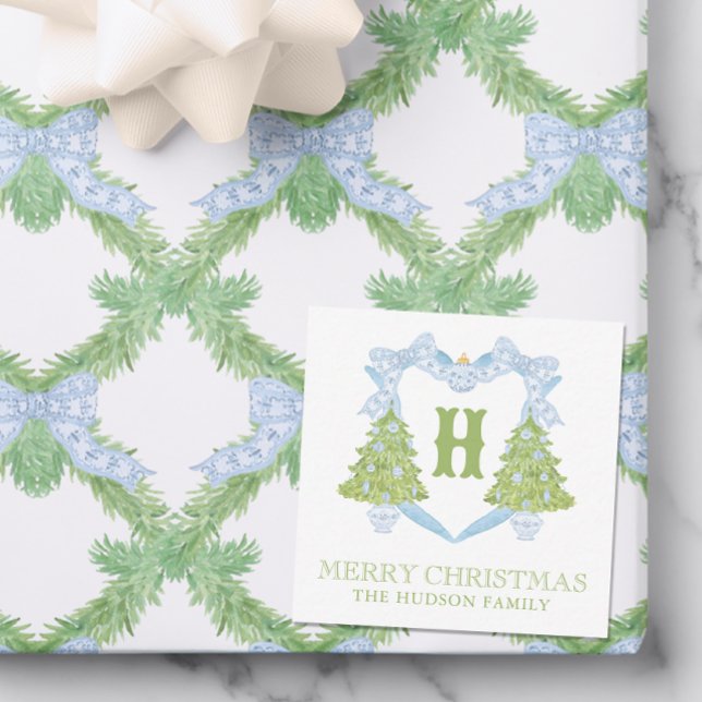 Blue Chinoiserie Christmas Tree Monogram Crest Note Card (Creator Uploaded)