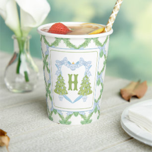 Blue Chinoiserie Christmas Tree Monogram Crest Paper Cups