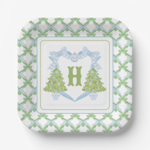 Blue Chinoiserie Christmas Tree Monogram Crest Paper Plates