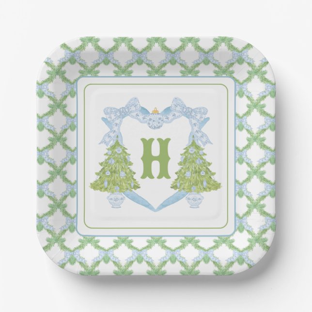 Blue Chinoiserie Christmas Tree Monogram Crest Paper Plates (Front)