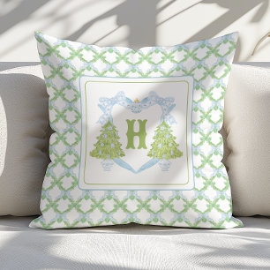 Blue Chinoiserie Christmas Tree Monogram Crest Throw Pillow