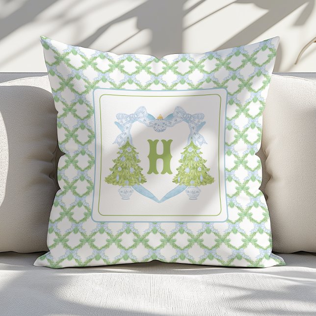 Blue Chinoiserie Christmas Tree Monogram Crest Throw Pillow (Creator Uploaded)