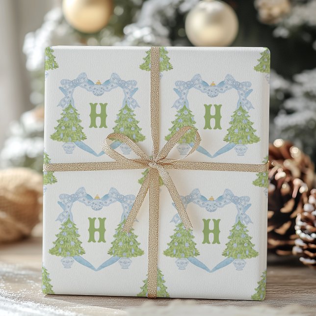 Blue Chinoiserie Christmas Tree Monogram Crest Wrapping Paper Sheets (Creator Uploaded)