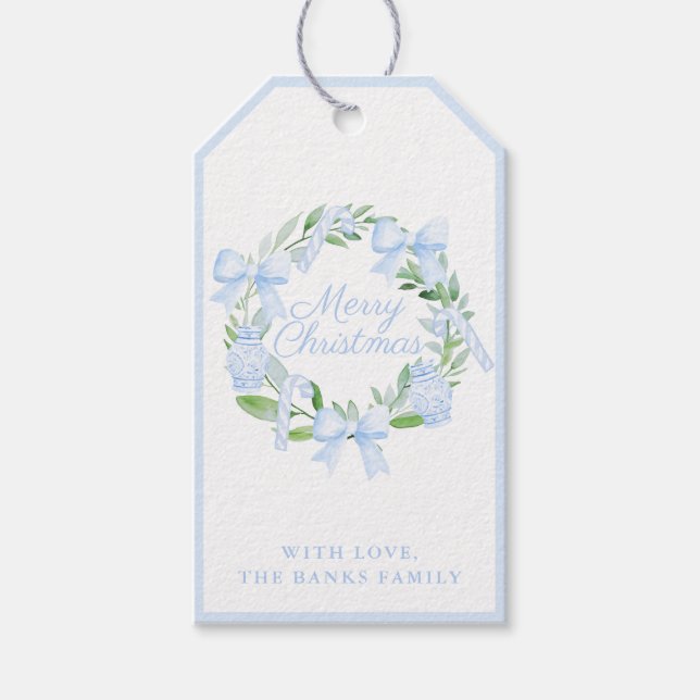 Blue Chinoiserie Christmas Wreath Ginger Jars Bows Gift Tags (Front)