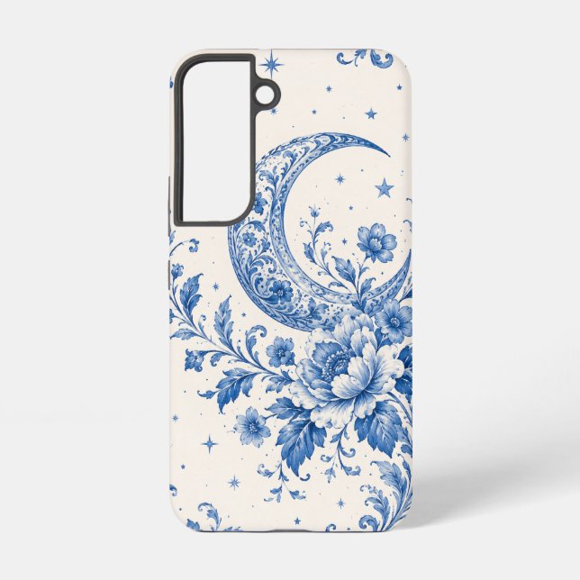 Blue Chinoiserie Crescent Moon Floral Phone Case (Back)